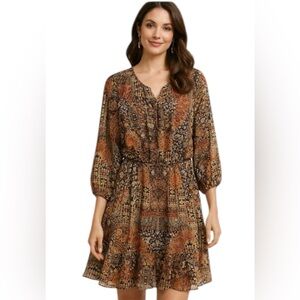 Style & Co Boho Print Dress Brown Orange Long Sleeve Size L